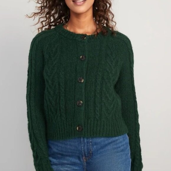 Old Navy Cropped Cableknit Cardigan Sweater in Green Christmas Preppy Women's 2X - Picture 1 of 7